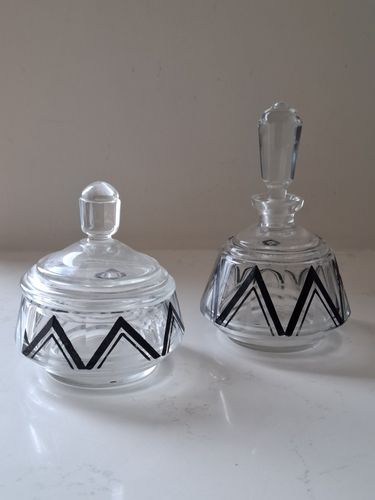 Karl Palda Perfume Bottle & Trinket Pot Art Deco Czech Crystal 1930s photo furniture