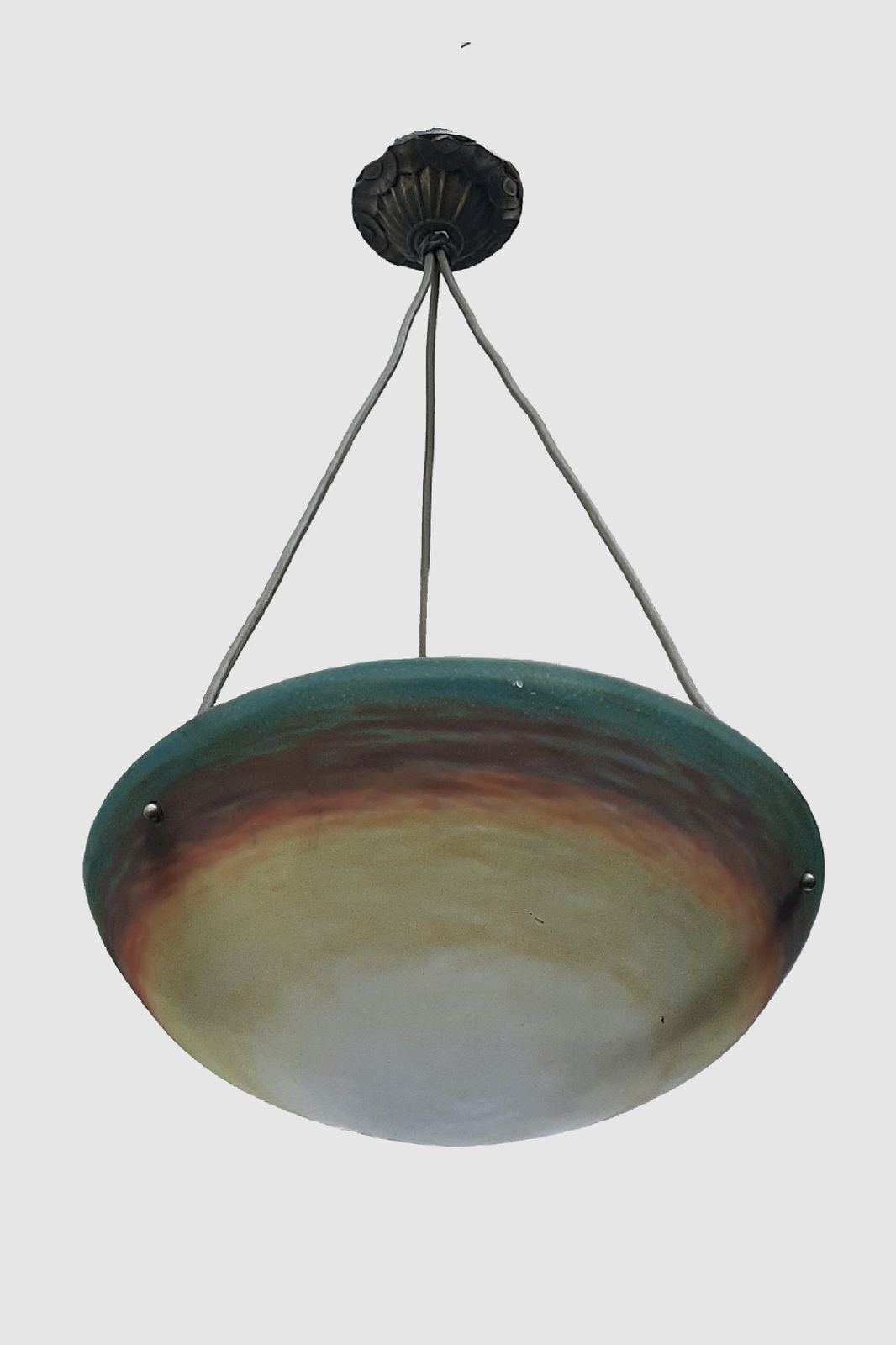 Muller Freres Art Deco Pendant Light Mottled Glass Shade In Unique Turquoise And Orange Tints, Rewired With 3 Sockets France 1930s