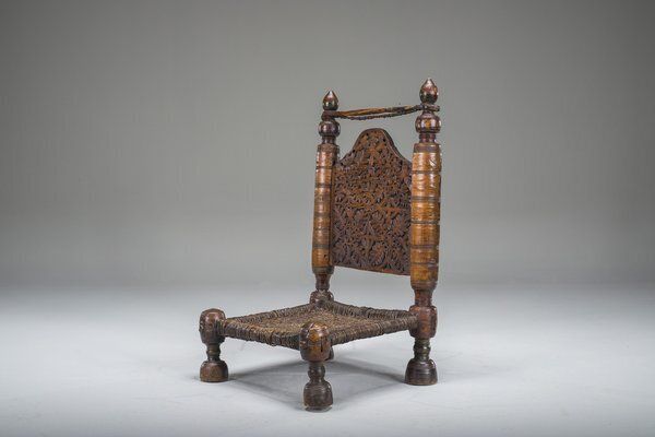 Furniture Early 20th Century Handmade Low Cedar Chair, Nuristan, 1890s photo