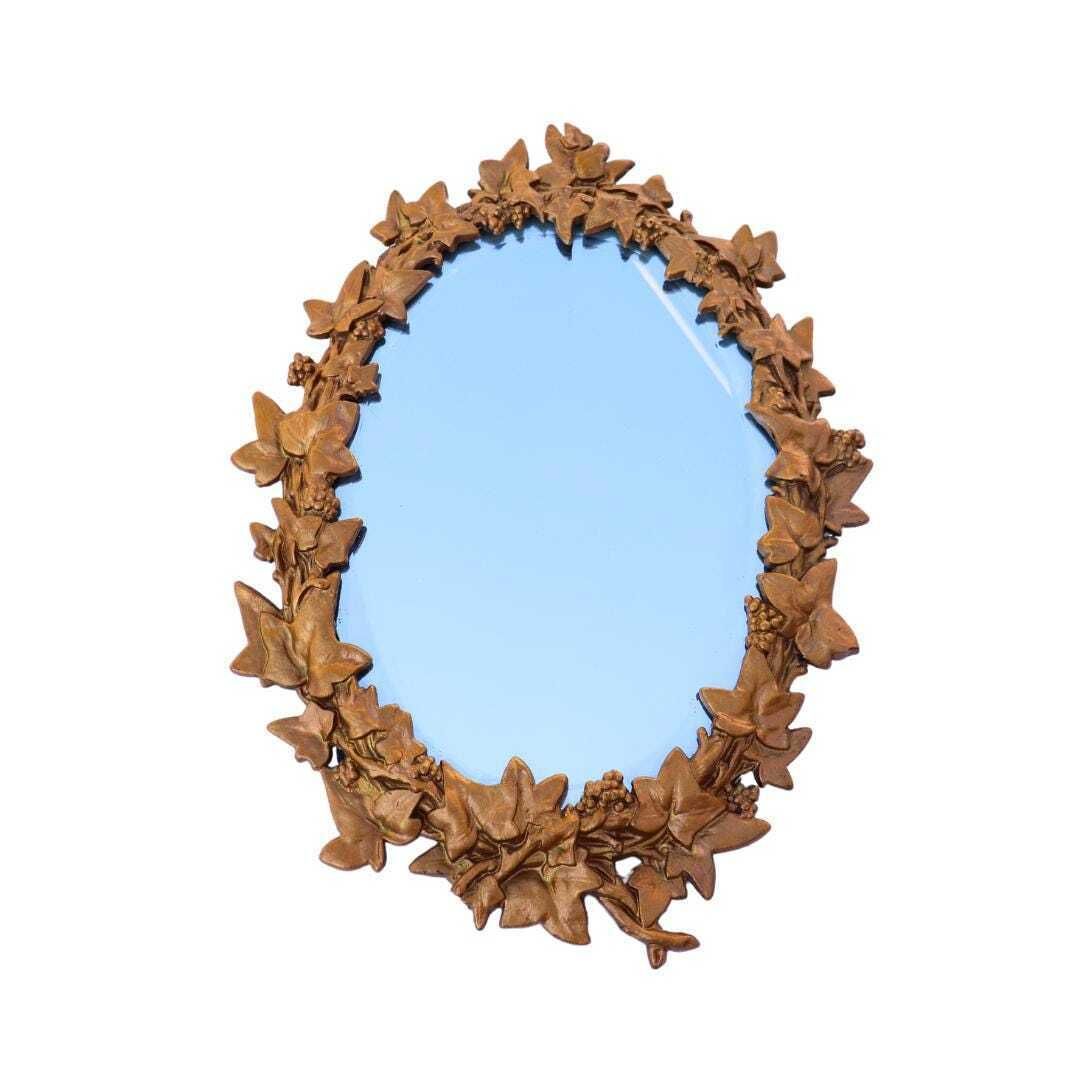 Antique Victorian Gilt Cast Iron Oval Wall Mirror With Naturalistic Leaves Frame And Bevelled Edge Mirror Plate H 19.2'' photo furniture