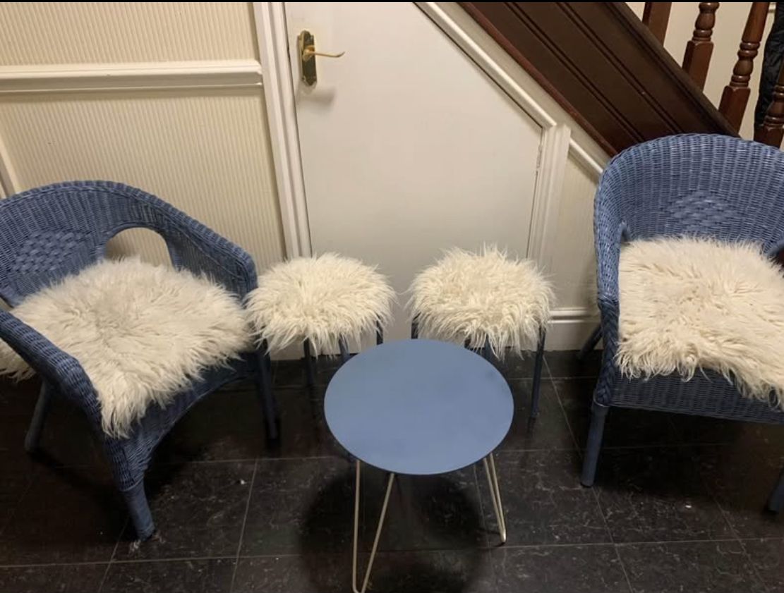 Upcycled Lloyd Loom Blue Rattan Chairs photo for sale