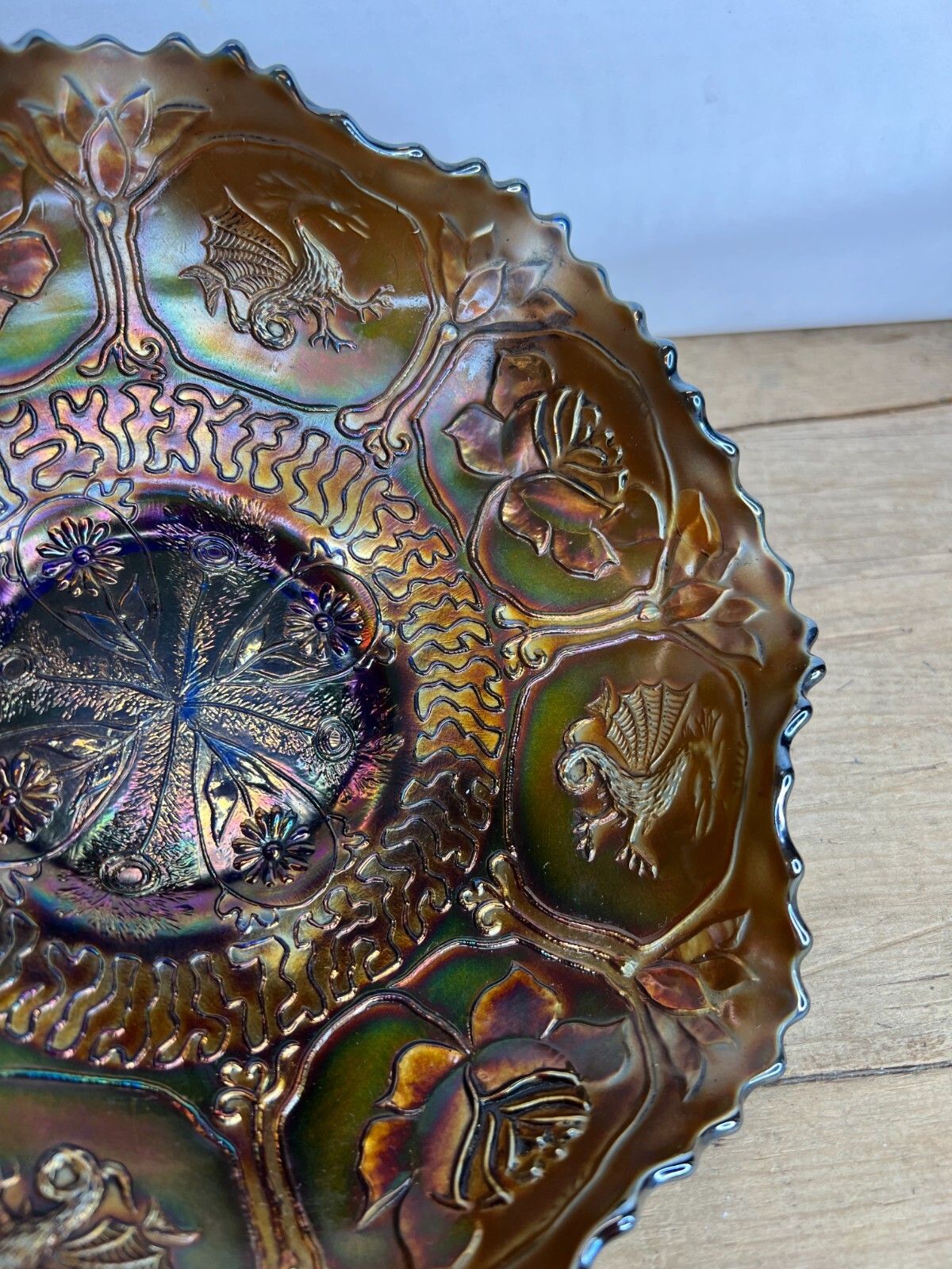Beautiful Fenton Blue Dragon & Lotus Carnival Glass Bowl Good Condition photo Home Decor