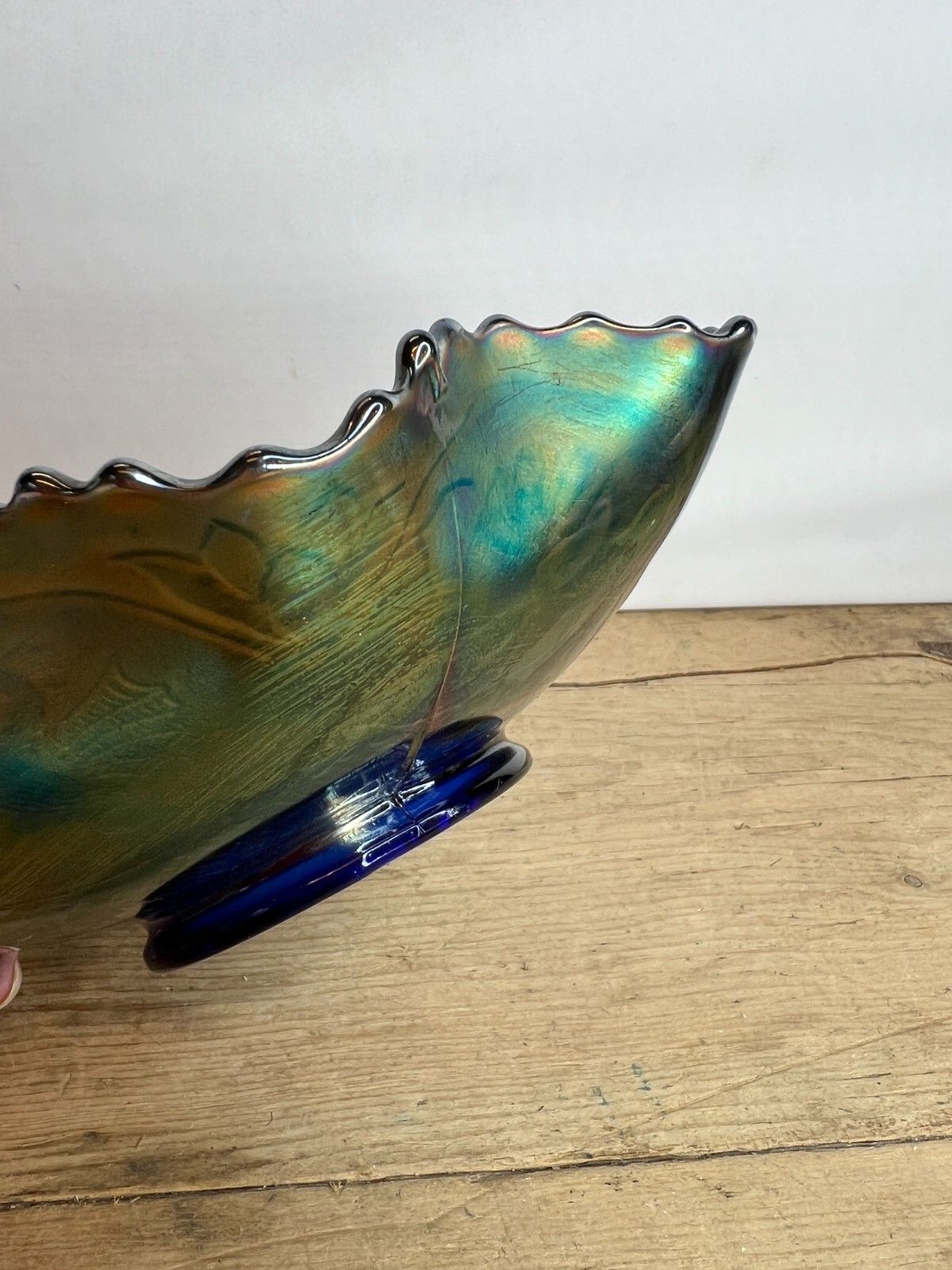 Beautiful Fenton Blue Dragon & Lotus Carnival Glass Bowl Good Condition photo vinterior