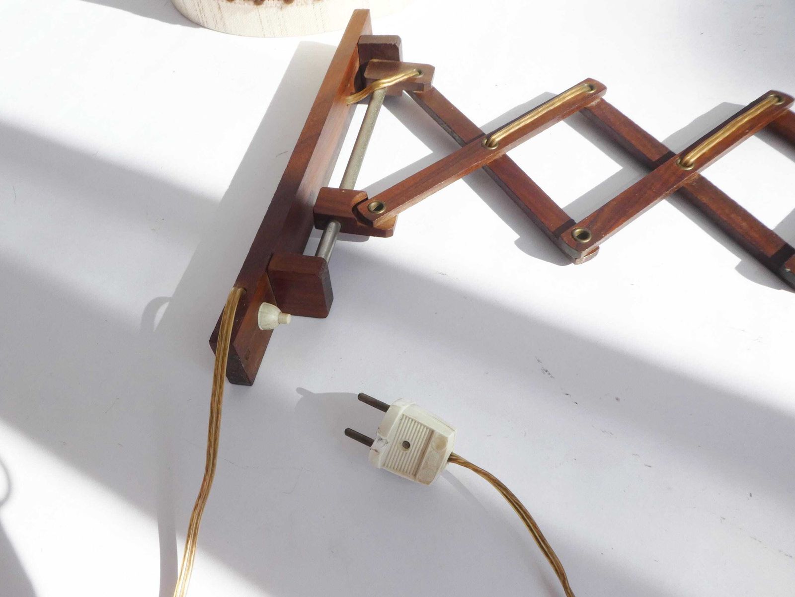Mid Century Teak Scissor Lamp, Scandinavian Wooden Wall Lamp Accordion Style, Extendable Lamp With Ornate Fabric Shade photo buy