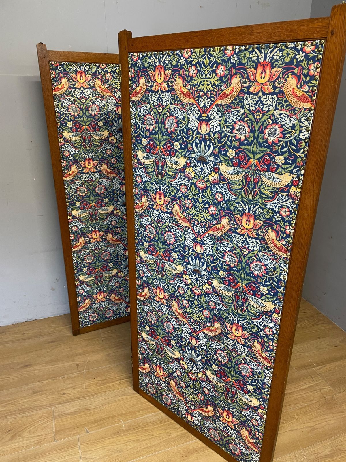 photo for sale Arts And Crafts Oak Three Panel Screen In William Morris Strawberry Thief Velvet Fabric