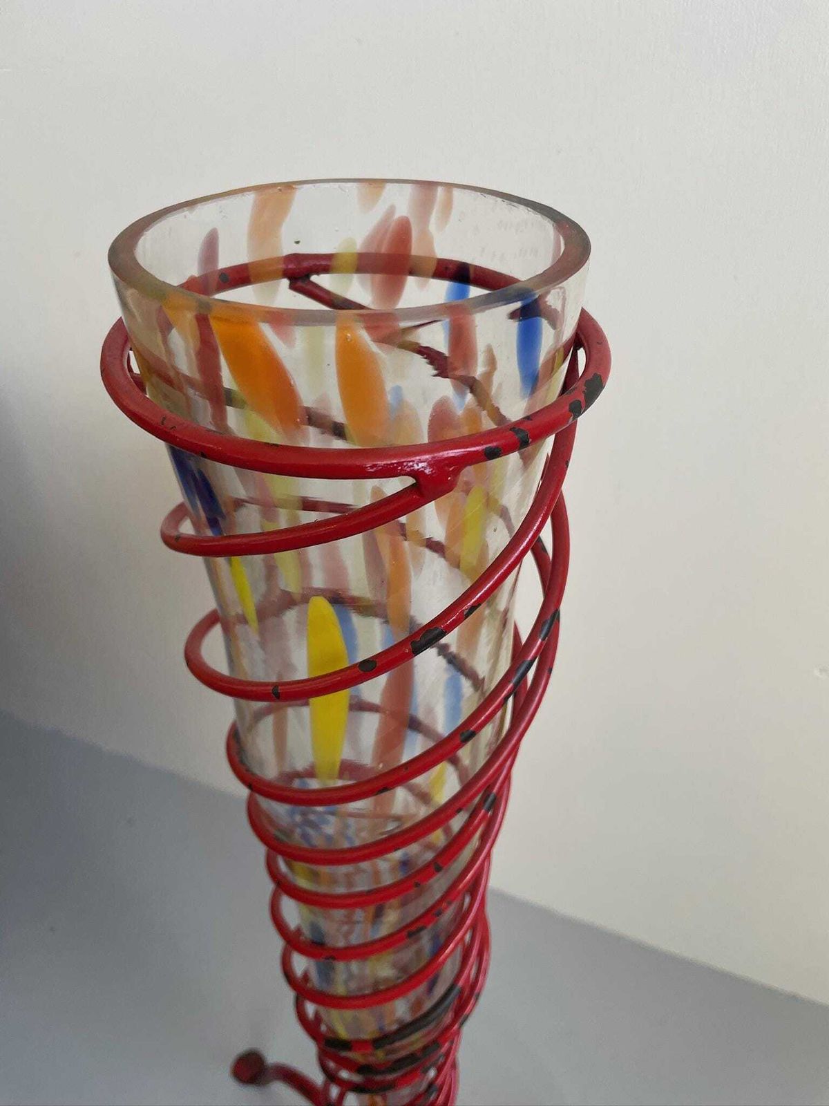 Large Painted Conical Glass Floor Vase And Red Ironwork Spiral Industrial Frame photo vinterior