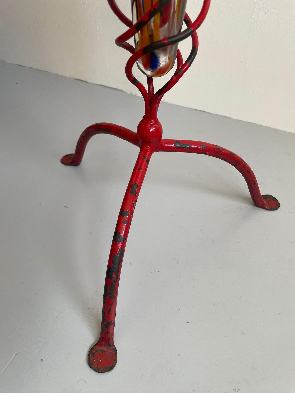 Large Painted Conical Glass Floor Vase And Red Ironwork Spiral Industrial Frame photo buy