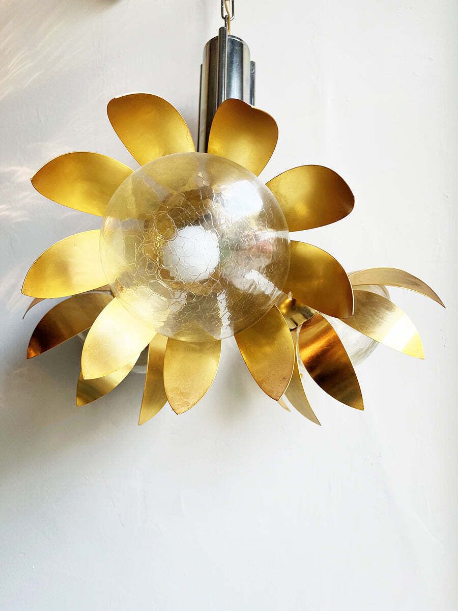 Vintage 70's Brass And Chrome Steel Floral Pendant Lamp  Top Lighting photo Lighting