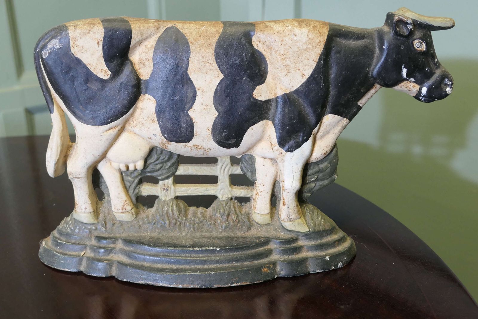 Cold Painted Cast Iron Door Stop, Cow At The Gate photo for sale