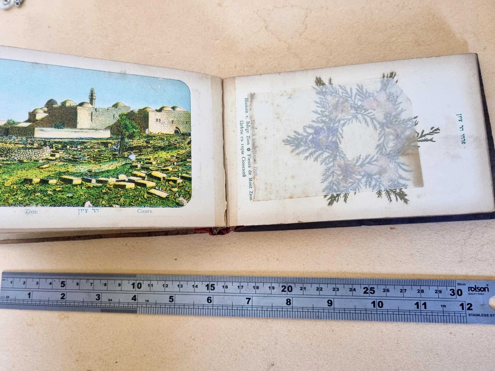 Holy Land Jerusalem Flowers Album With Romantic Inscription Dedication 1918, Olive Wood Souvenir Book | Historical Pressed Flower Lithograph photo vinterior