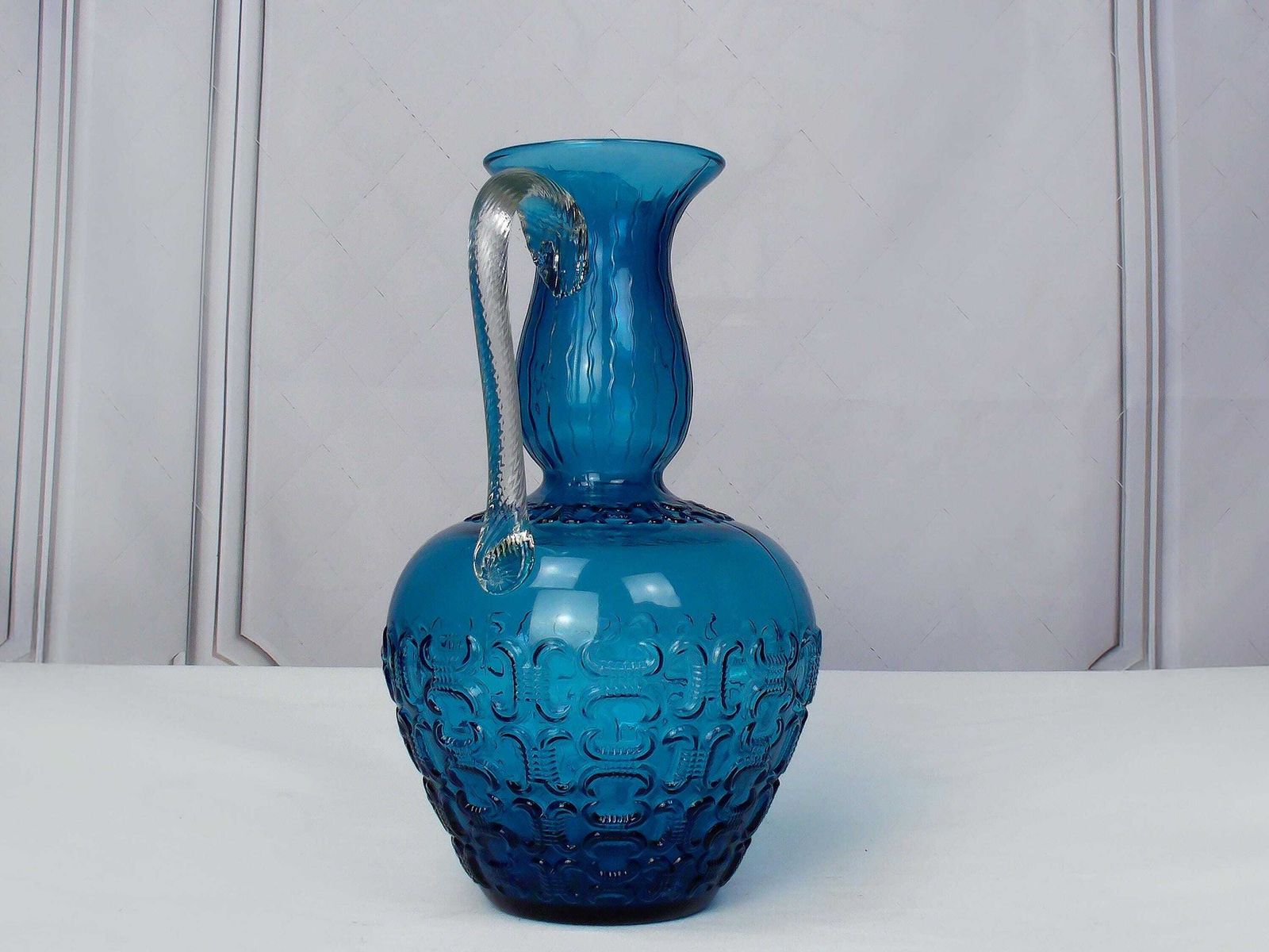 Mid Century 1950 Positano Blue Glass Decanter Bottle, Made In Toscana, Italian Glass, Blue Textured Glass With Twisted Glass Handle photo furniture