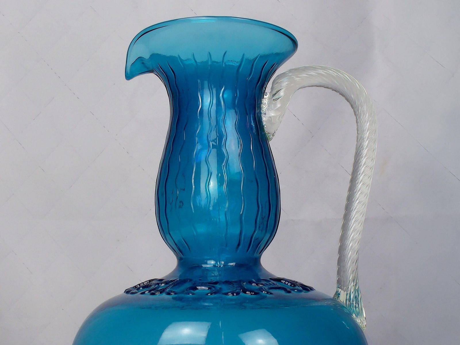 Mid Century 1950 Positano Blue Glass Decanter Bottle, Made In Toscana, Italian Glass, Blue Textured Glass With Twisted Glass Handle photo vintage