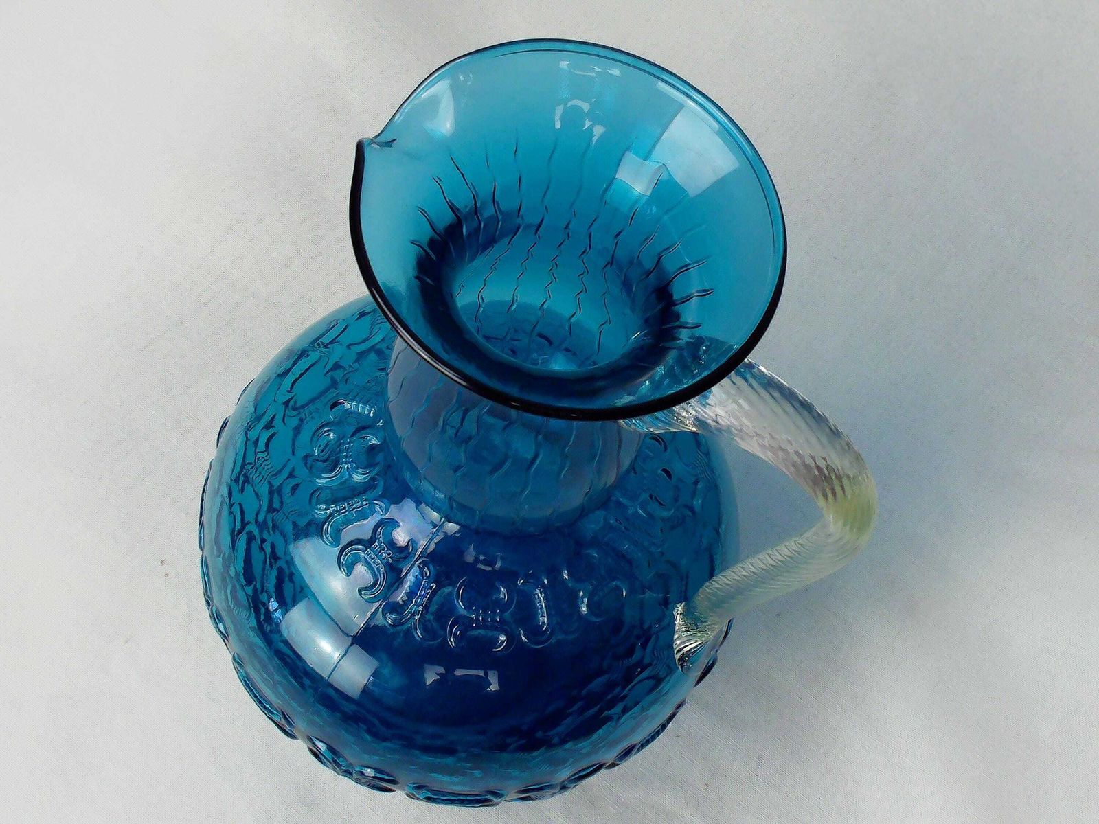 photo furniture Mid Century 1950 Positano Blue Glass Decanter Bottle, Made In Toscana, Italian Glass, Blue Textured Glass With Twisted Glass Handle