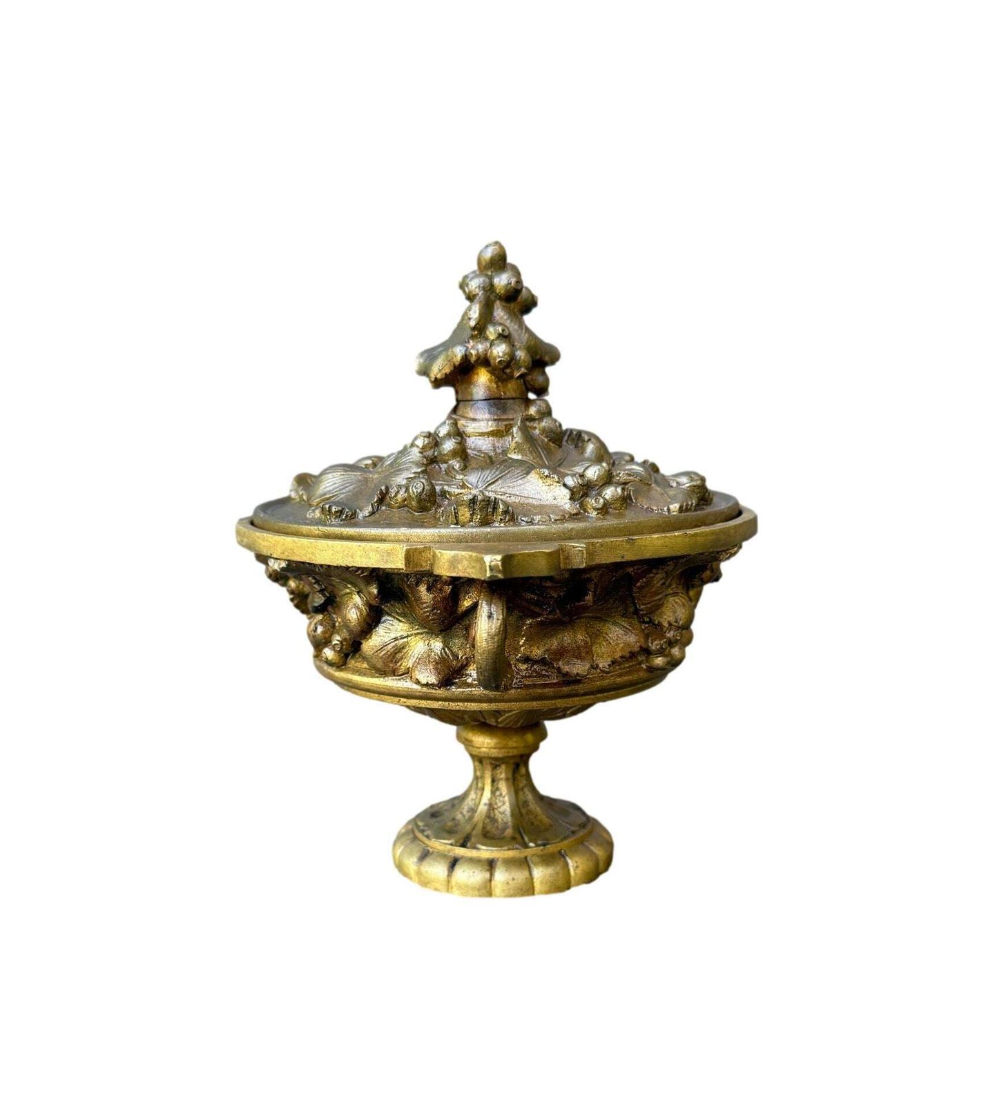 Antique French Neo Classical Bronze Cassolette Covered Dish, Fruit & Flower Motif photo vinterior