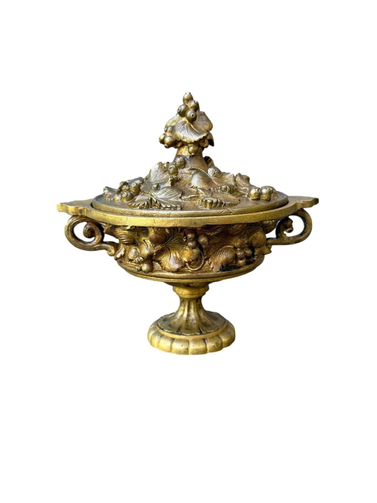 Antique French Neo Classical Bronze Cassolette Covered Dish, Fruit & Flower Motif photo buy