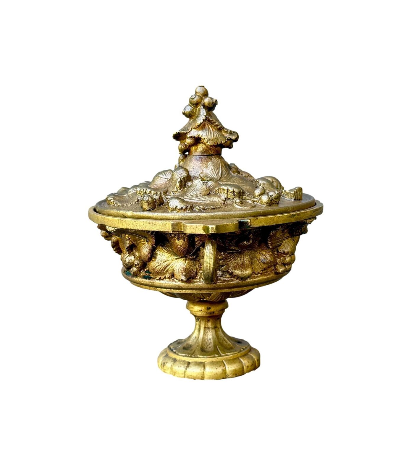 Antique French Neo Classical Bronze Cassolette Covered Dish, Fruit & Flower Motif photo vintage