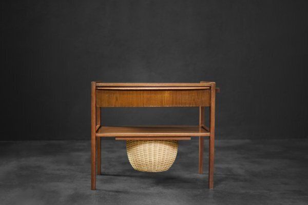 Vintage Danish Modern Teak Thread Side Table With Wicker Basket, 1960s photo buy