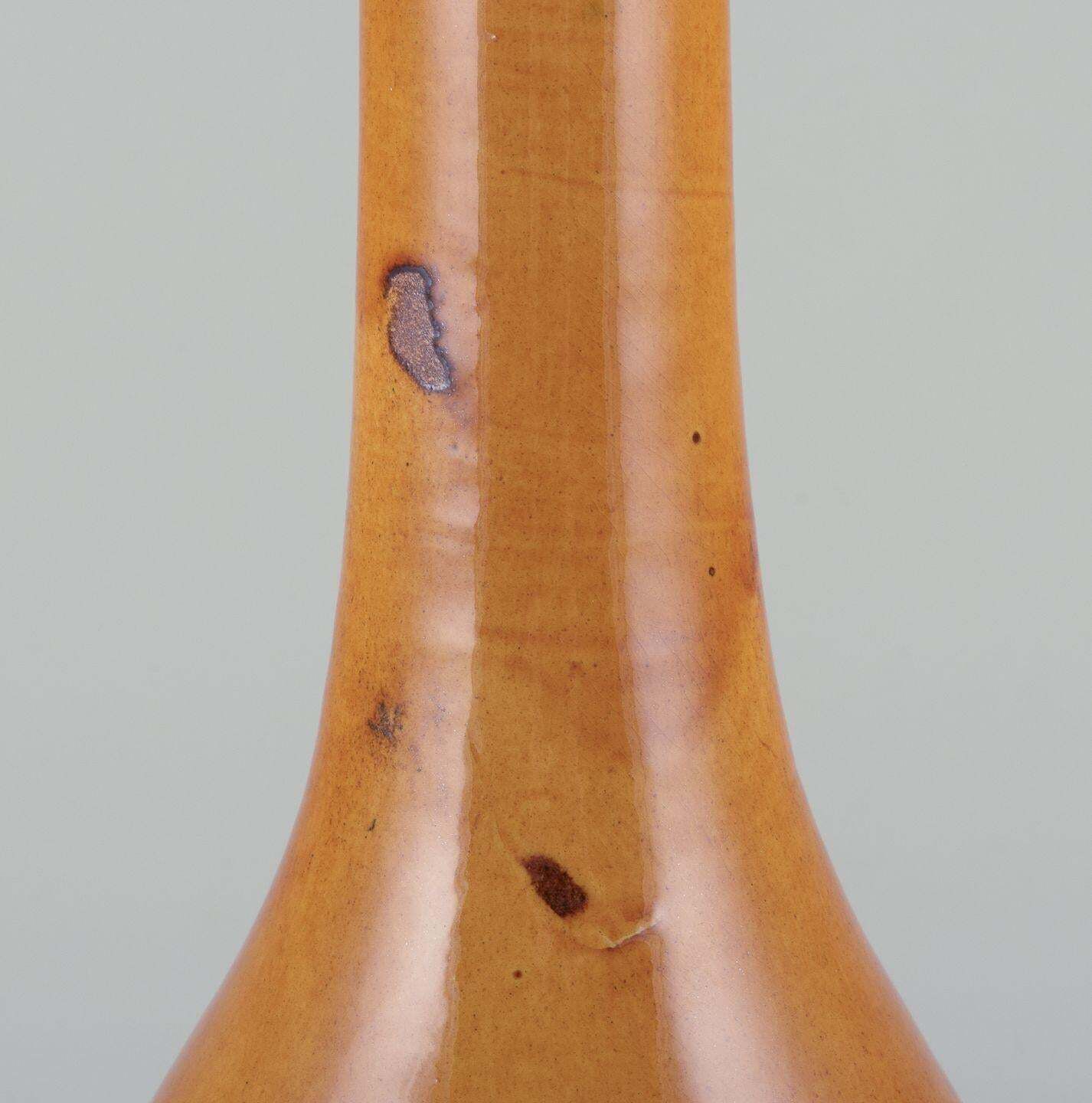 Biot, France. Unique Floor Vase In Ceramic With Narrow Neck. Ochre Yellow Glaze. photo for sale