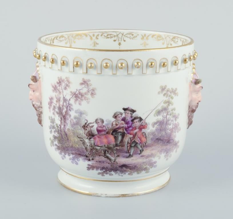 Antique Meissen Flowerpot In Porcelain. With Motif Of Faun And Bucolic Scenes. photo furniture