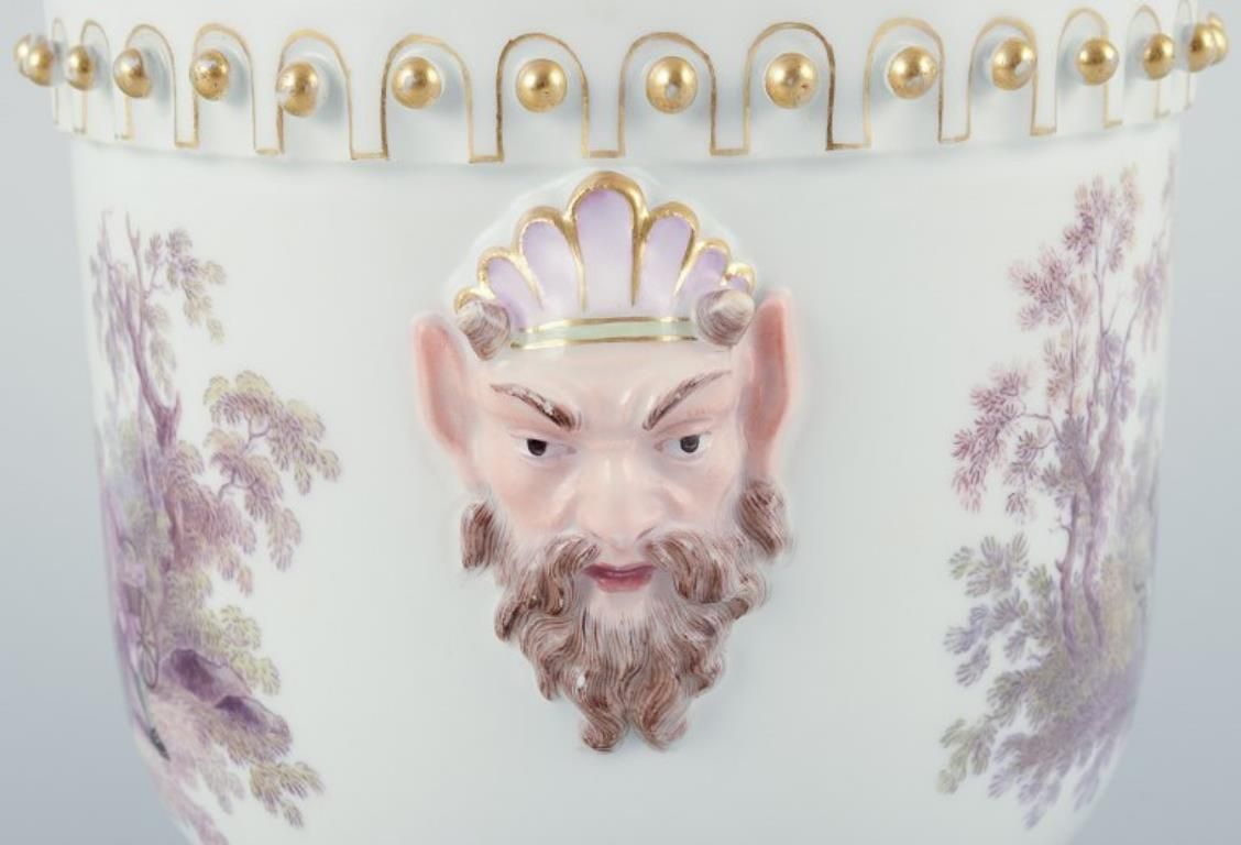 Antique Meissen Flowerpot In Porcelain. With Motif Of Faun And Bucolic Scenes. photo vinterior