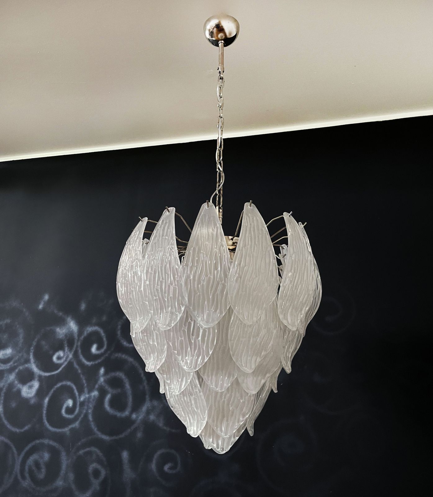 Italian Vintage Murano Chandelier   Frosted Carved Glass Leaves
