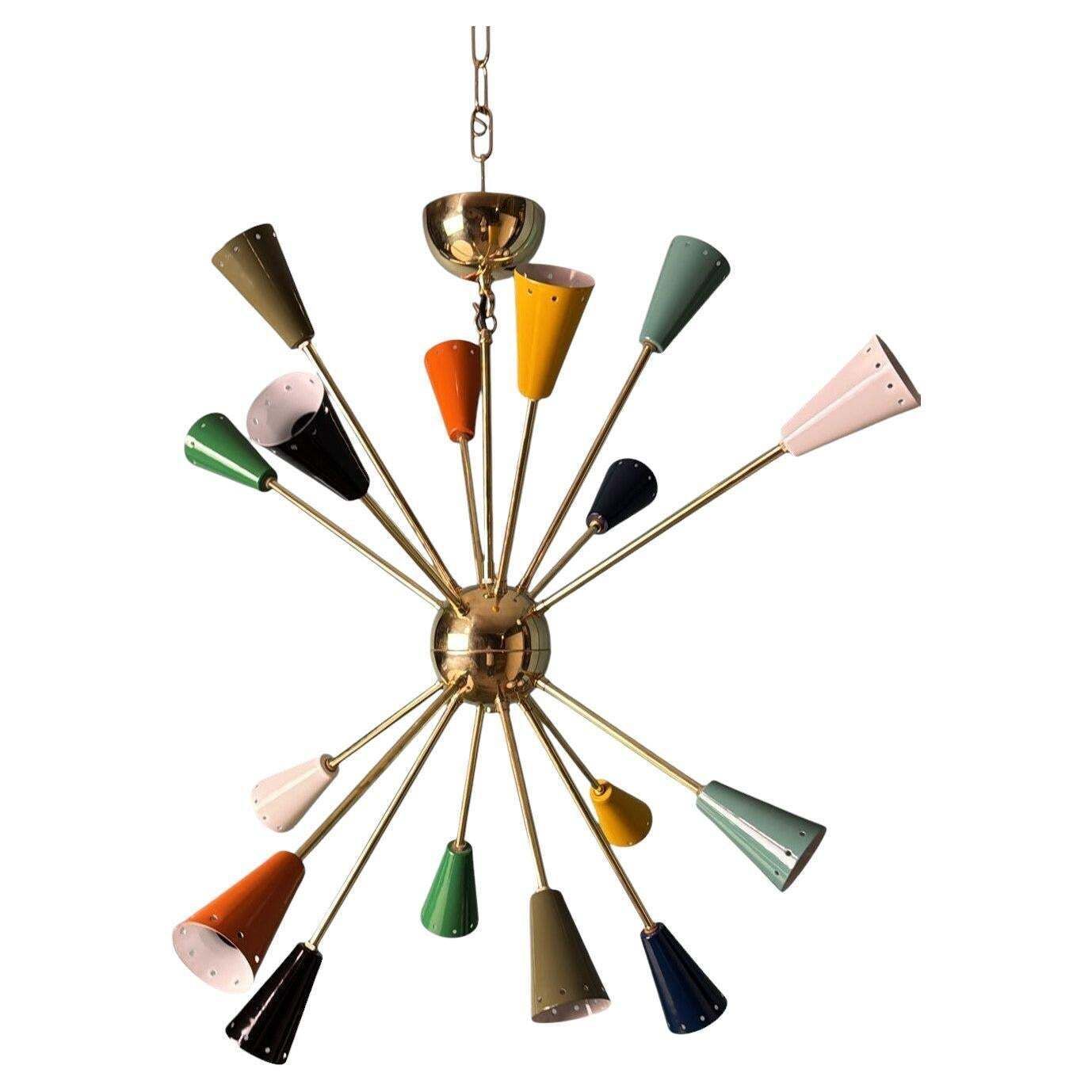 Stilnovo Style Italian Sputnik Chandelier In Brass And Multicolor Enameled Metal