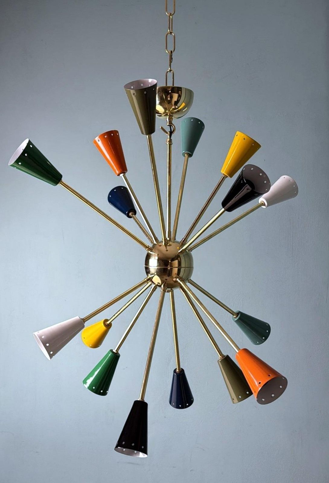 Stilnovo Style Italian Sputnik Chandelier In Brass And Multicolor Enameled Metal photo furniture