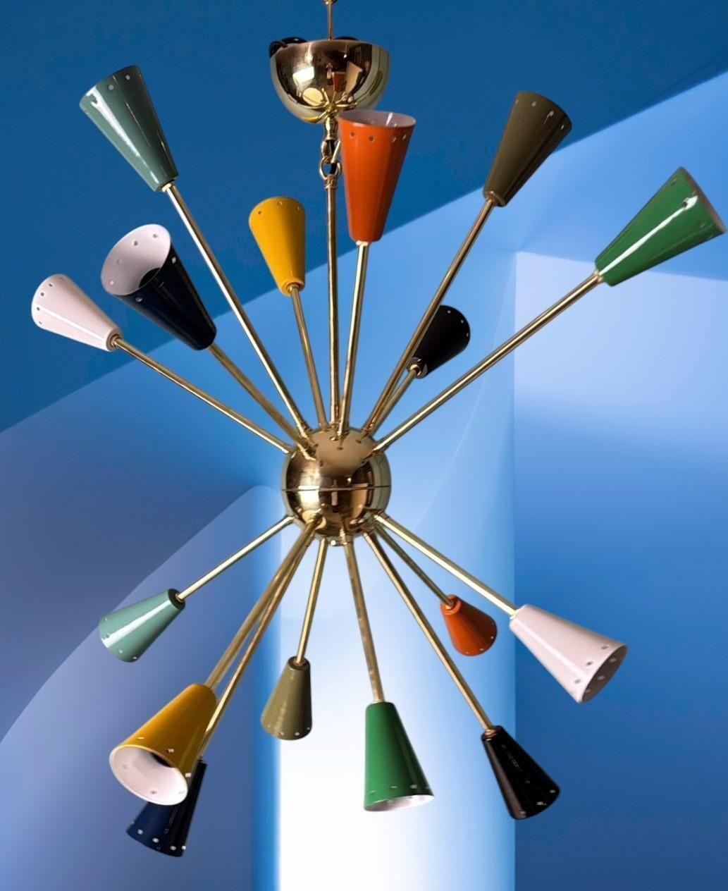 Stilnovo Style Italian Sputnik Chandelier In Brass And Multicolor Enameled Metal photo Lighting