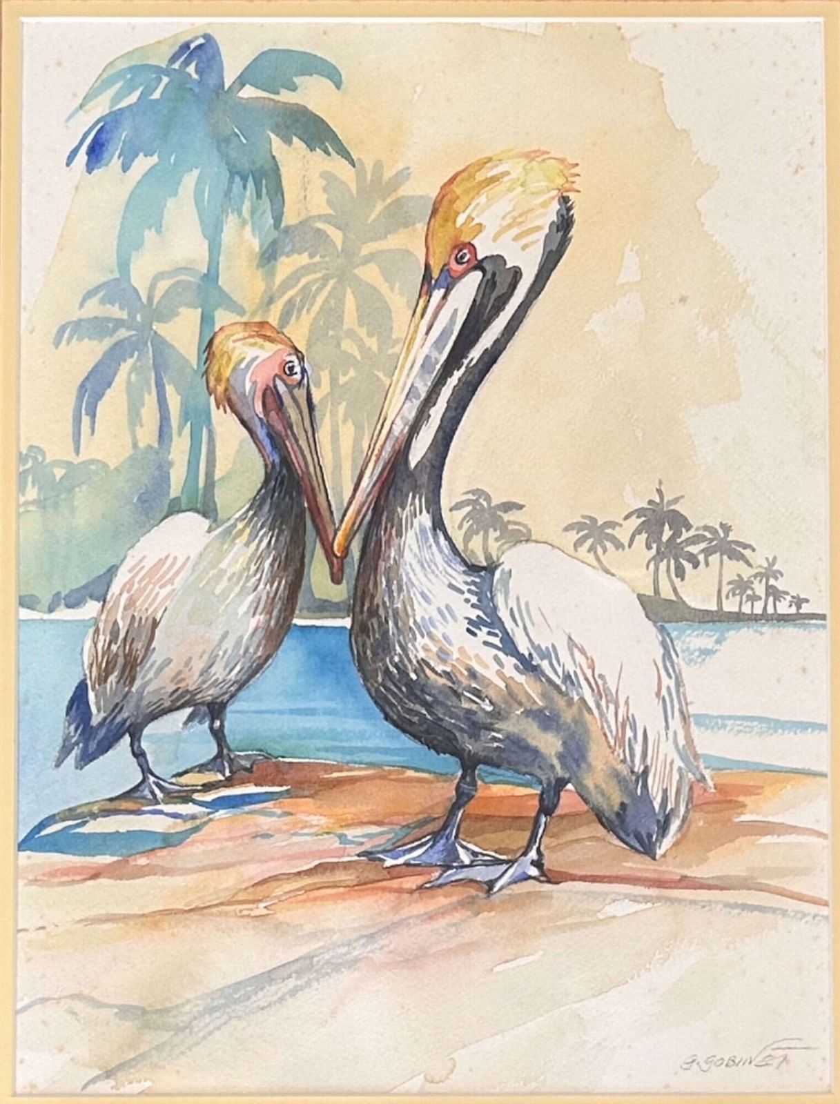 Gilly Gobinet   Pelican   Watercolour On Paper Signed photo furniture