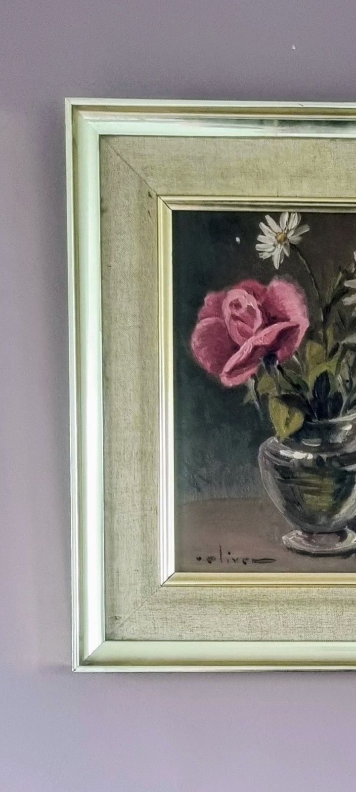 Original Framed Vintage Swedish Mid Century  Fuschia Rose And Daisies photo vinterior