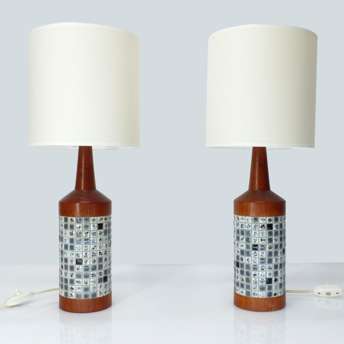 Pair Of Scandinavian Teak And Mosaic Table Lamps, Denmark 1960s