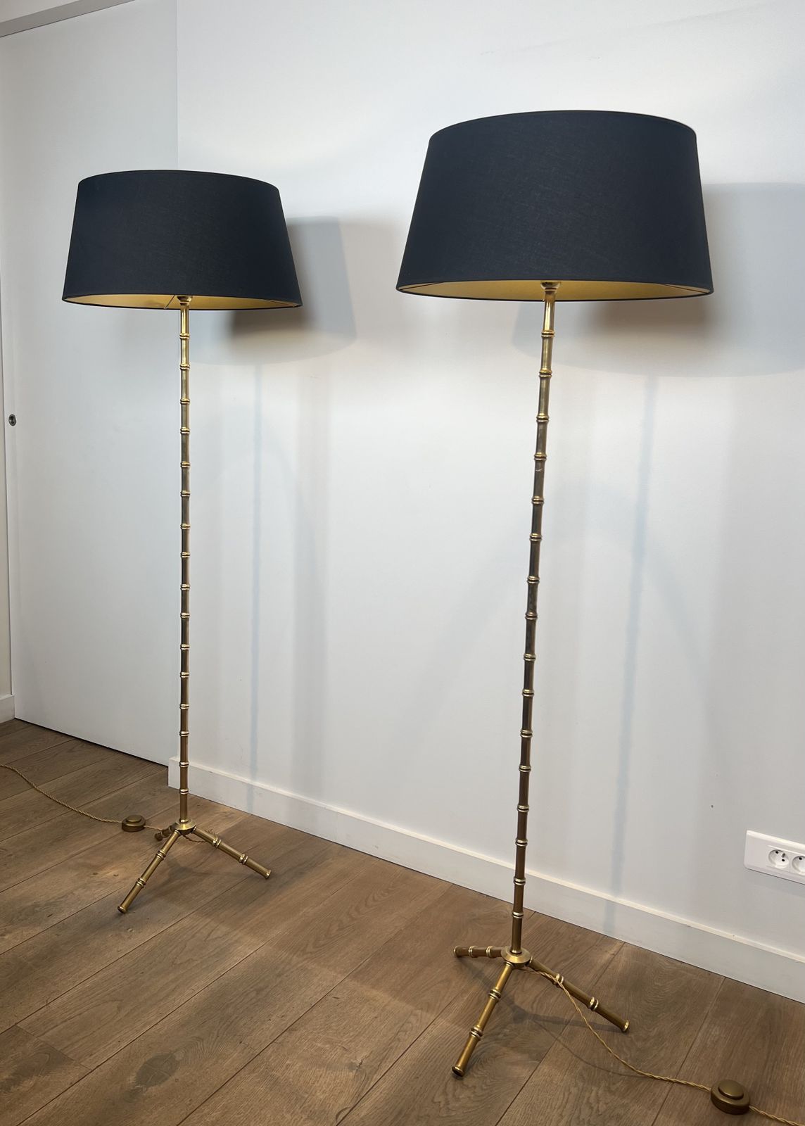 Lighting Pair Of Faux Bamboo Floor Lamps In Bronze And Brass By Jacques Adnet photo