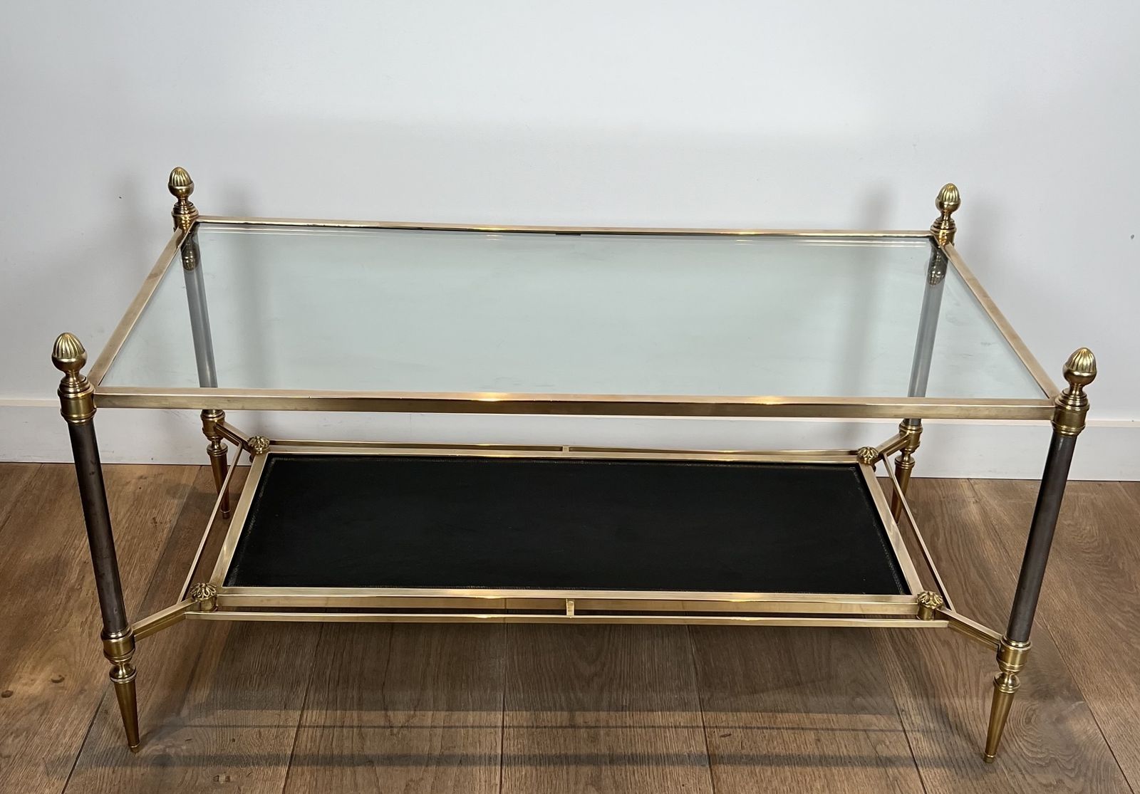 Brass Coffee Table With Black Leather Top And Gold Trim From Maison Jansen photo for sale