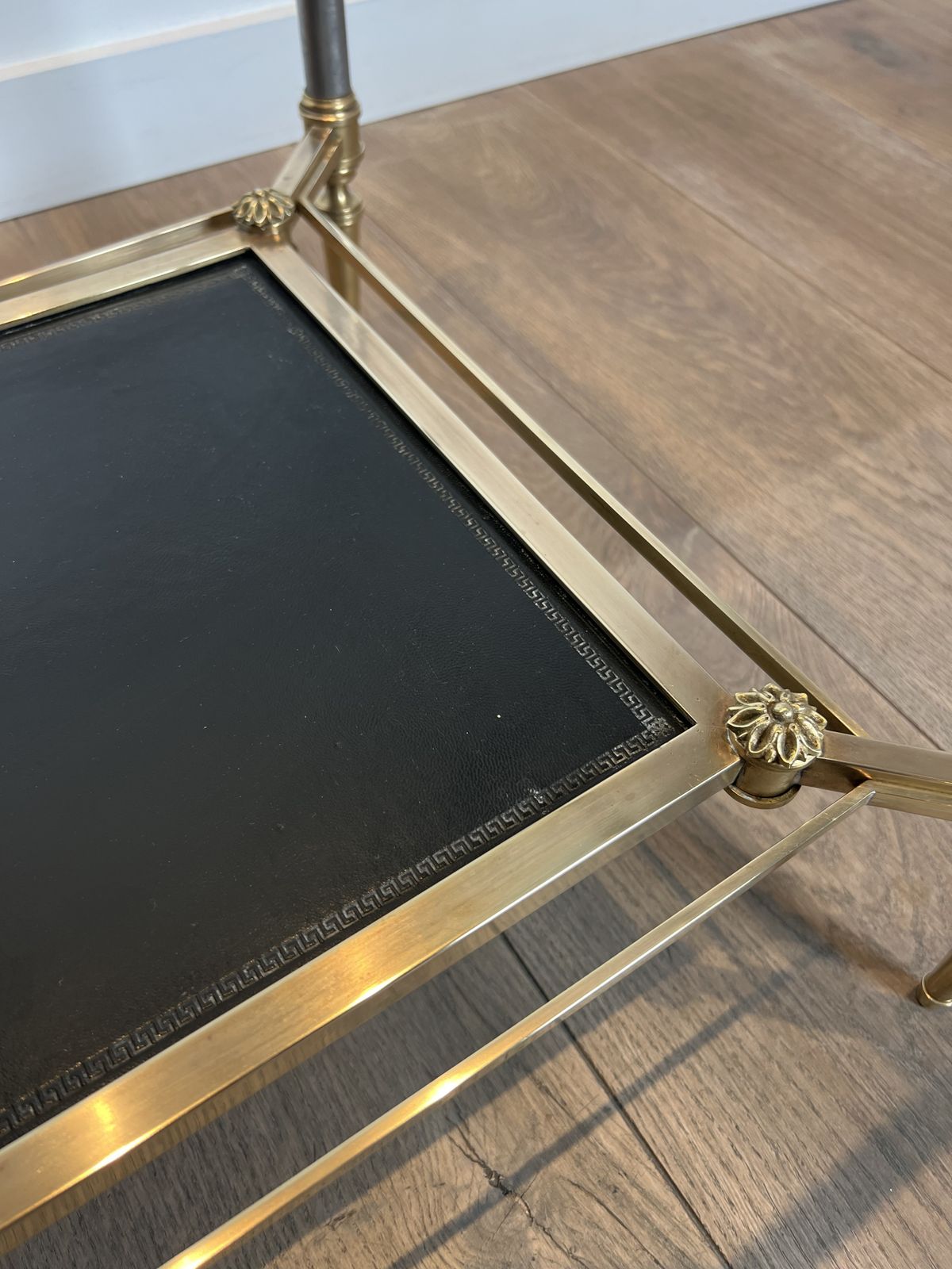 photo furniture Brass Coffee Table With Black Leather Top And Gold Trim From Maison Jansen