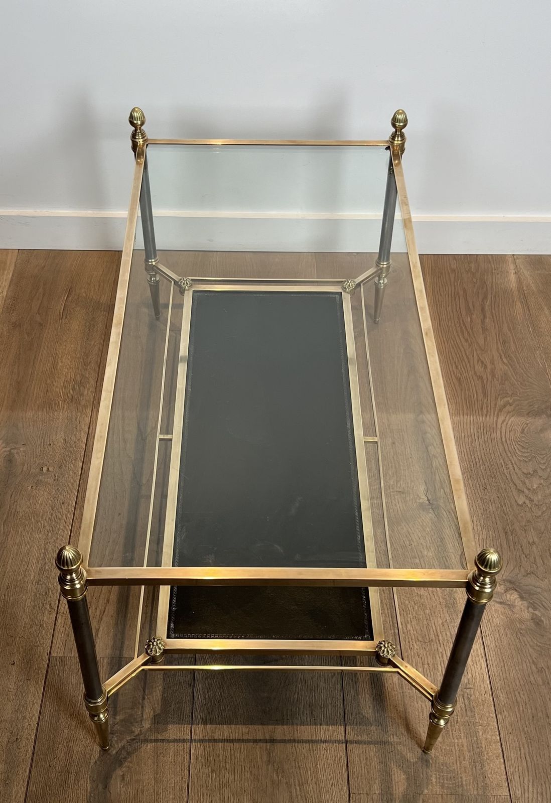 6500.0 Brass Coffee Table With Black Leather Top And Gold Trim From Maison Jansen photo