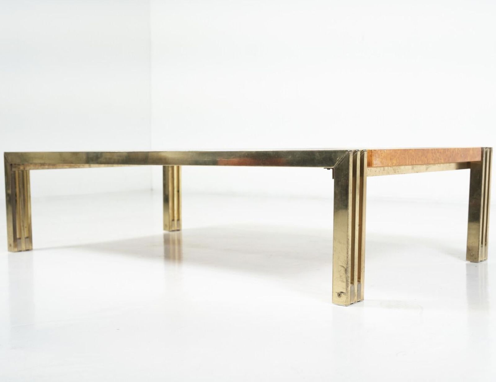 Mid Century Burl Wood And Brass Coffee Table photo vinterior