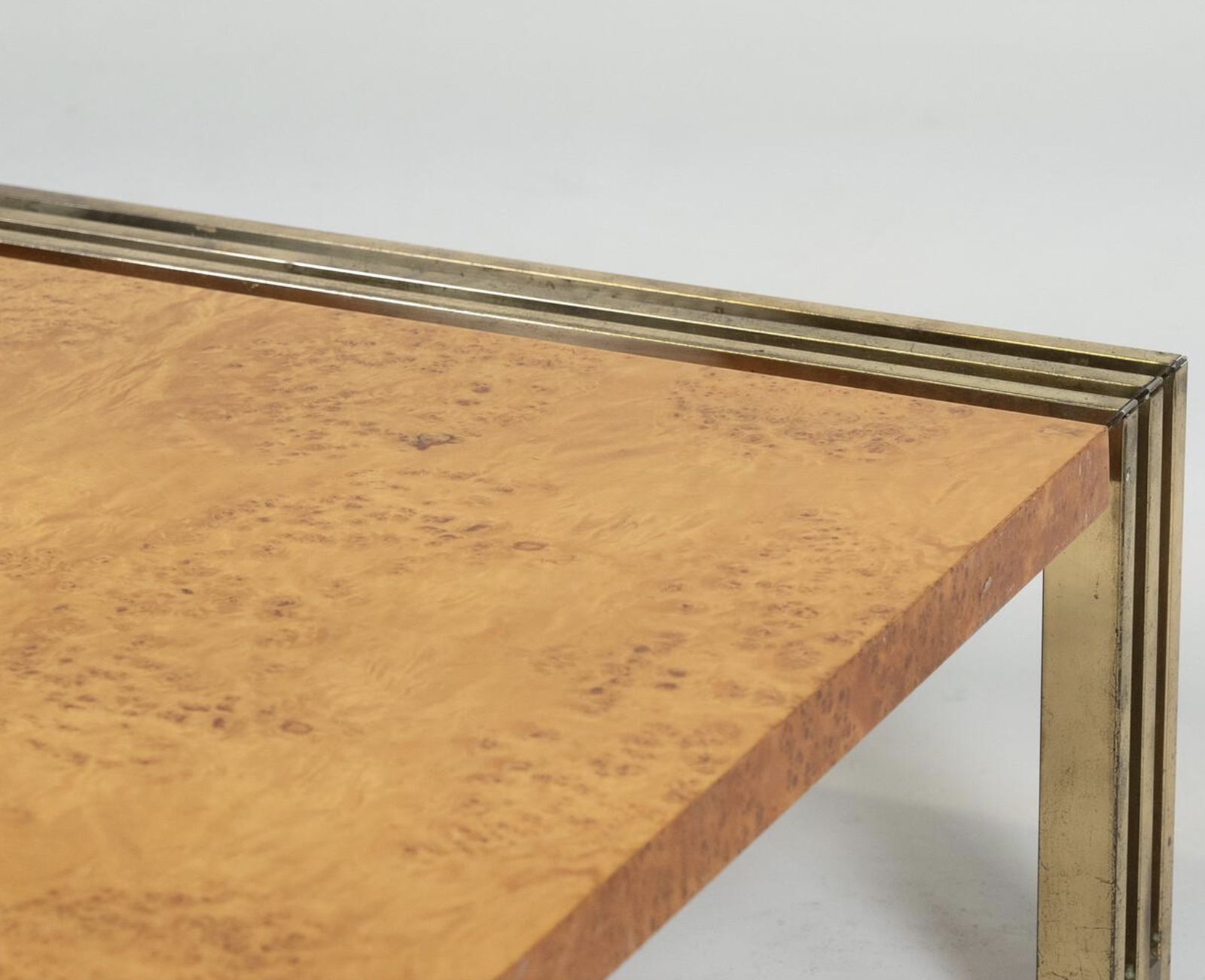 Mid Century Burl Wood And Brass Coffee Table photo vintage