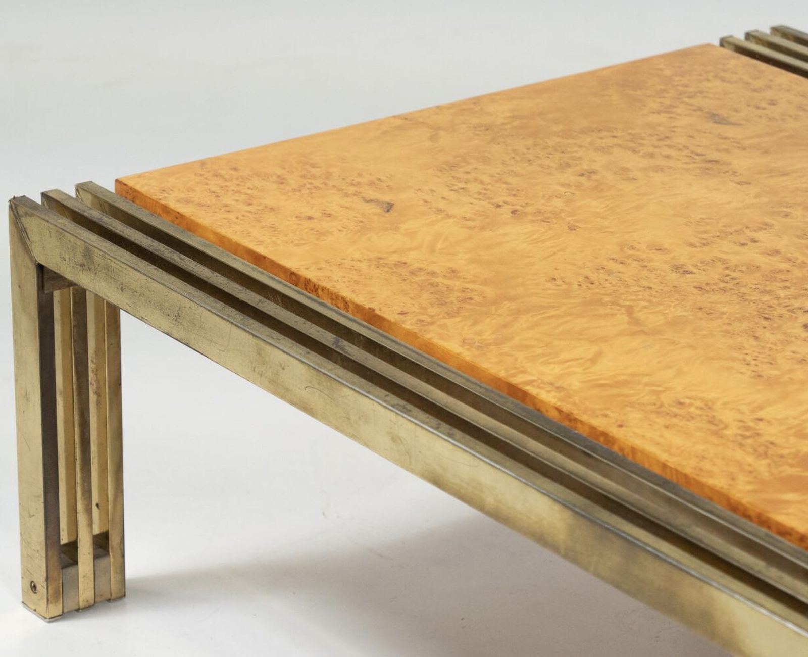 photo for sale Mid Century Burl Wood And Brass Coffee Table