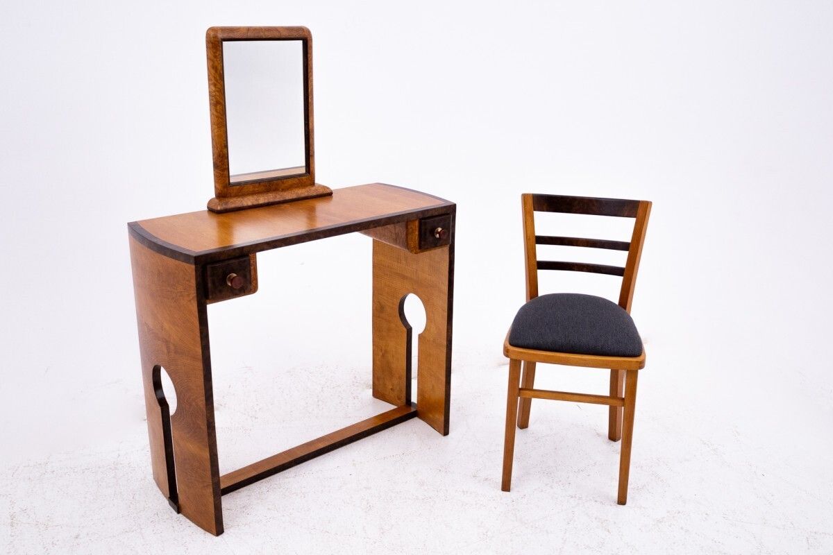 Art Deco Dressing Table + Chair Set, Poland, Art Deco, Ca. 1940. photo furniture