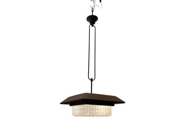 Mid Century Modern Wood, Bronze & Opaline Glass Pendant Light 1950’s