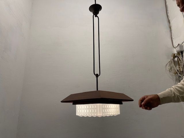 Mid Century Modern Wood, Bronze & Opaline Glass Pendant Light 1950’s photo furniture