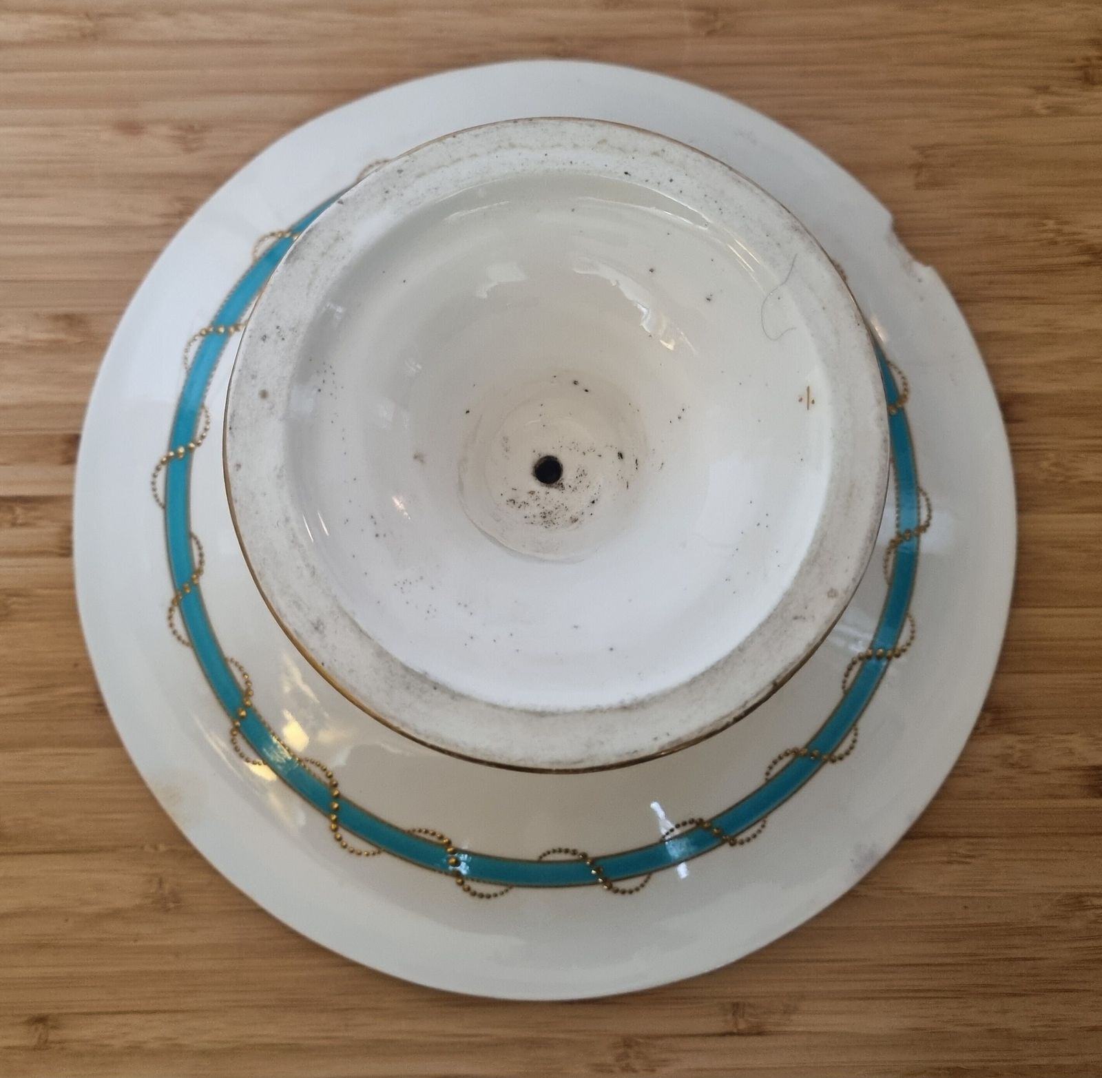 1800s English Porcelain Comport | Antique Moriage Pedestal Cake Stand | Turquoise Band Floral Cyclamen | Victorian Gilt Dessert Plate photo vintage