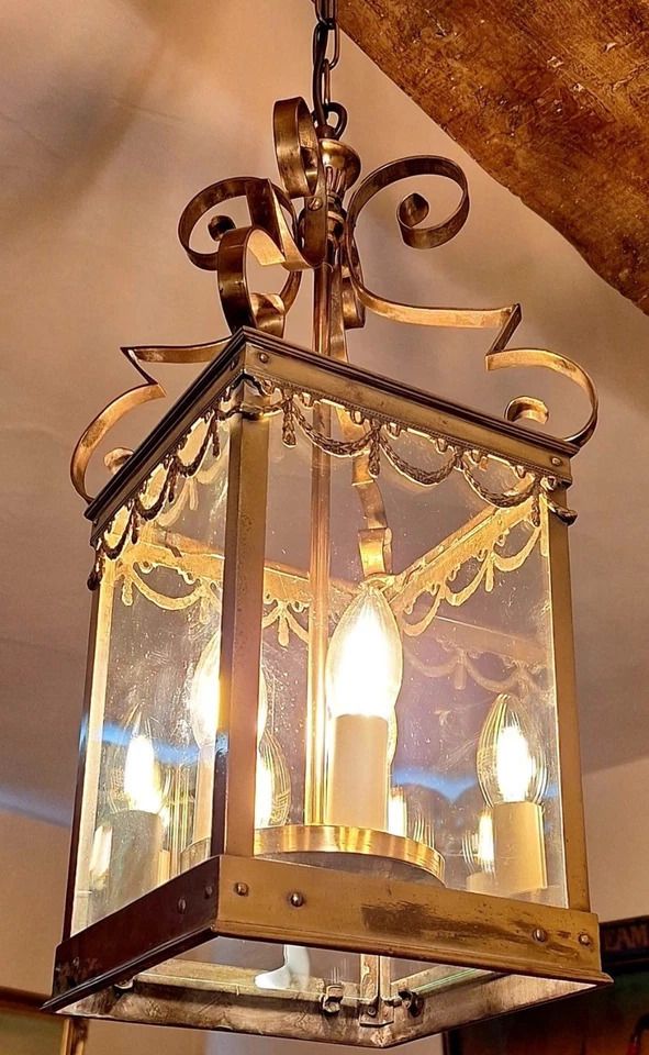 Beautiful Large French Square Brass & Glass Antique Hall Lantern/ Chandelier photo 1095.0
