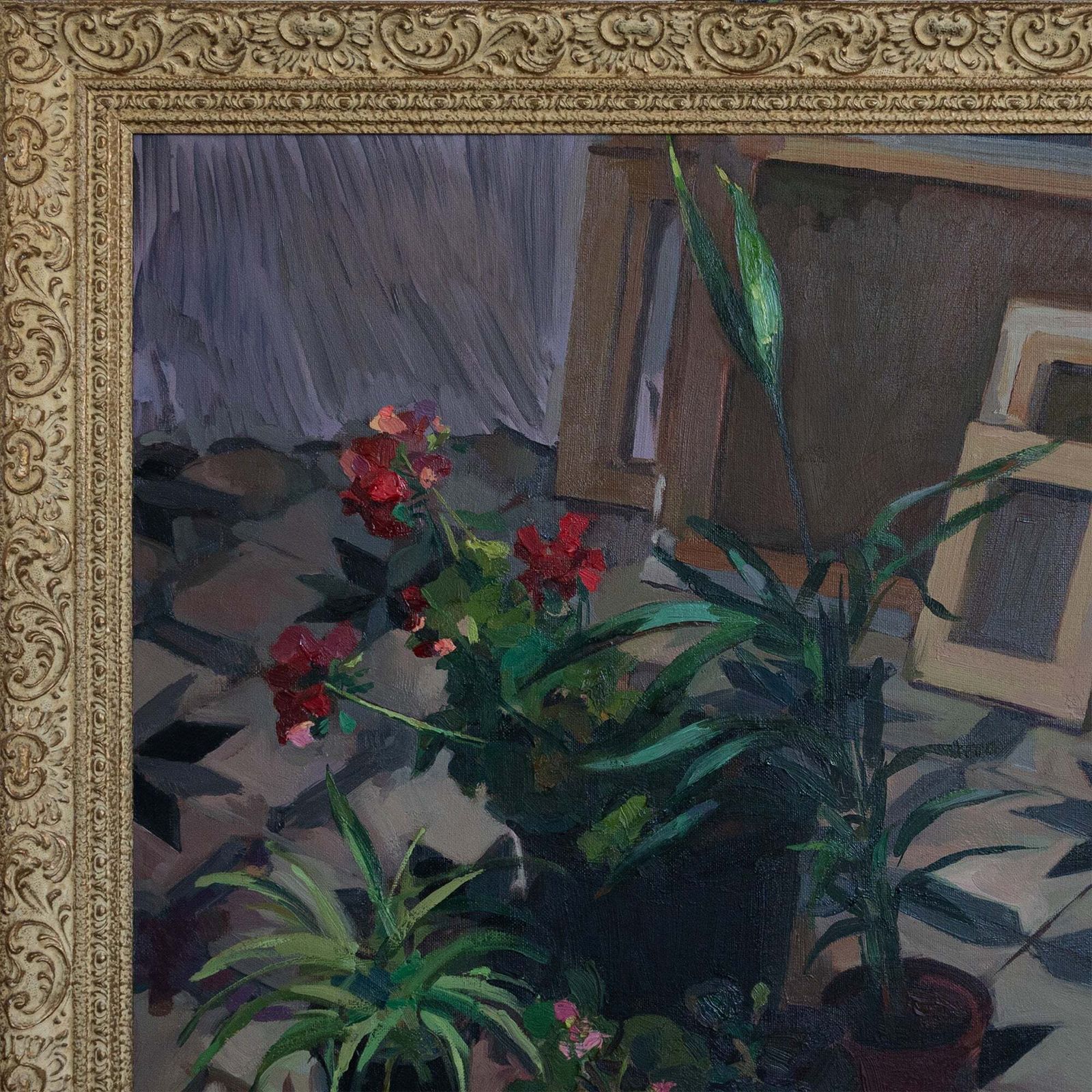 Interior Still Life With Plants – Oil On Canvas By Carmen Roger Especeta photo for sale