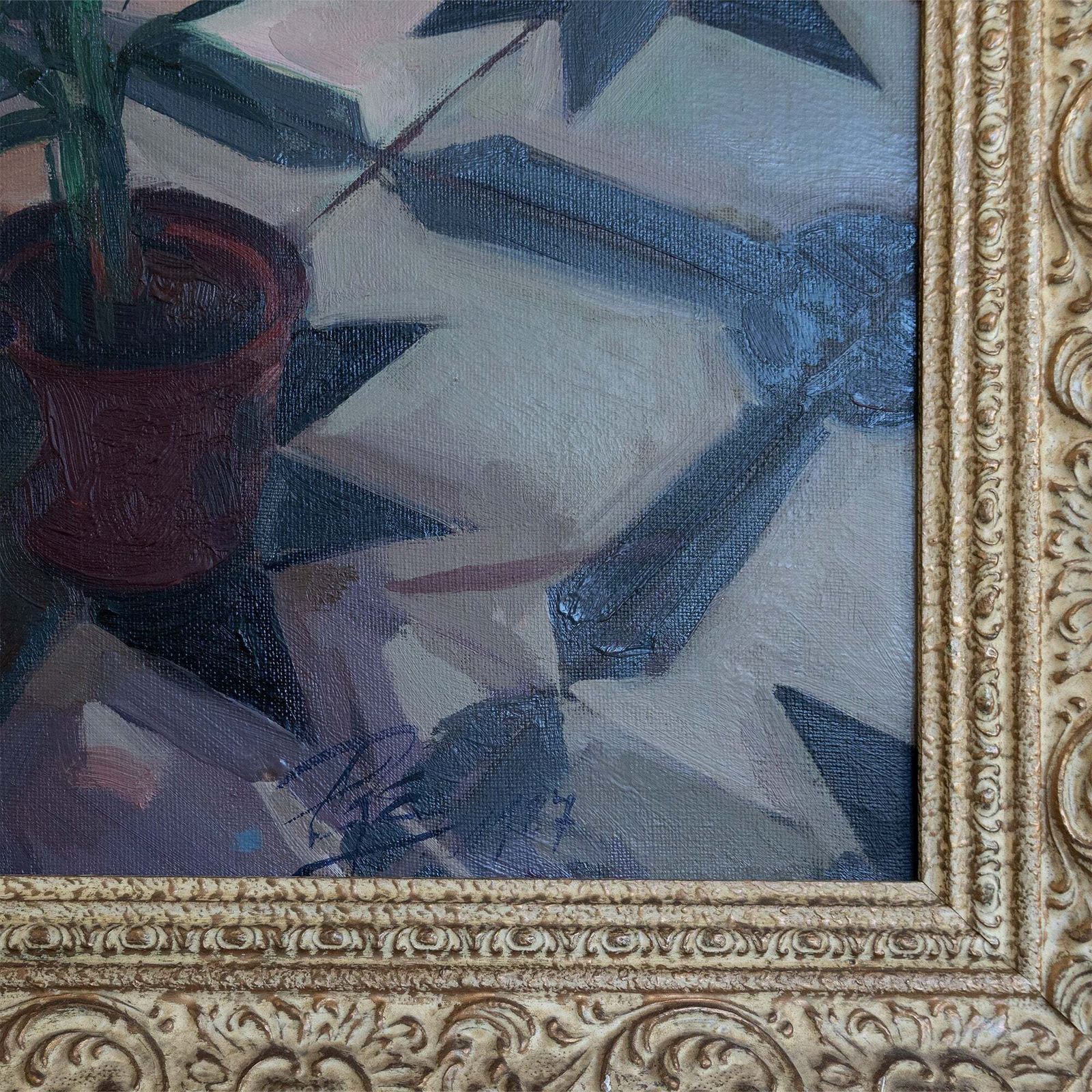 Interior Still Life With Plants – Oil On Canvas By Carmen Roger Especeta photo Art