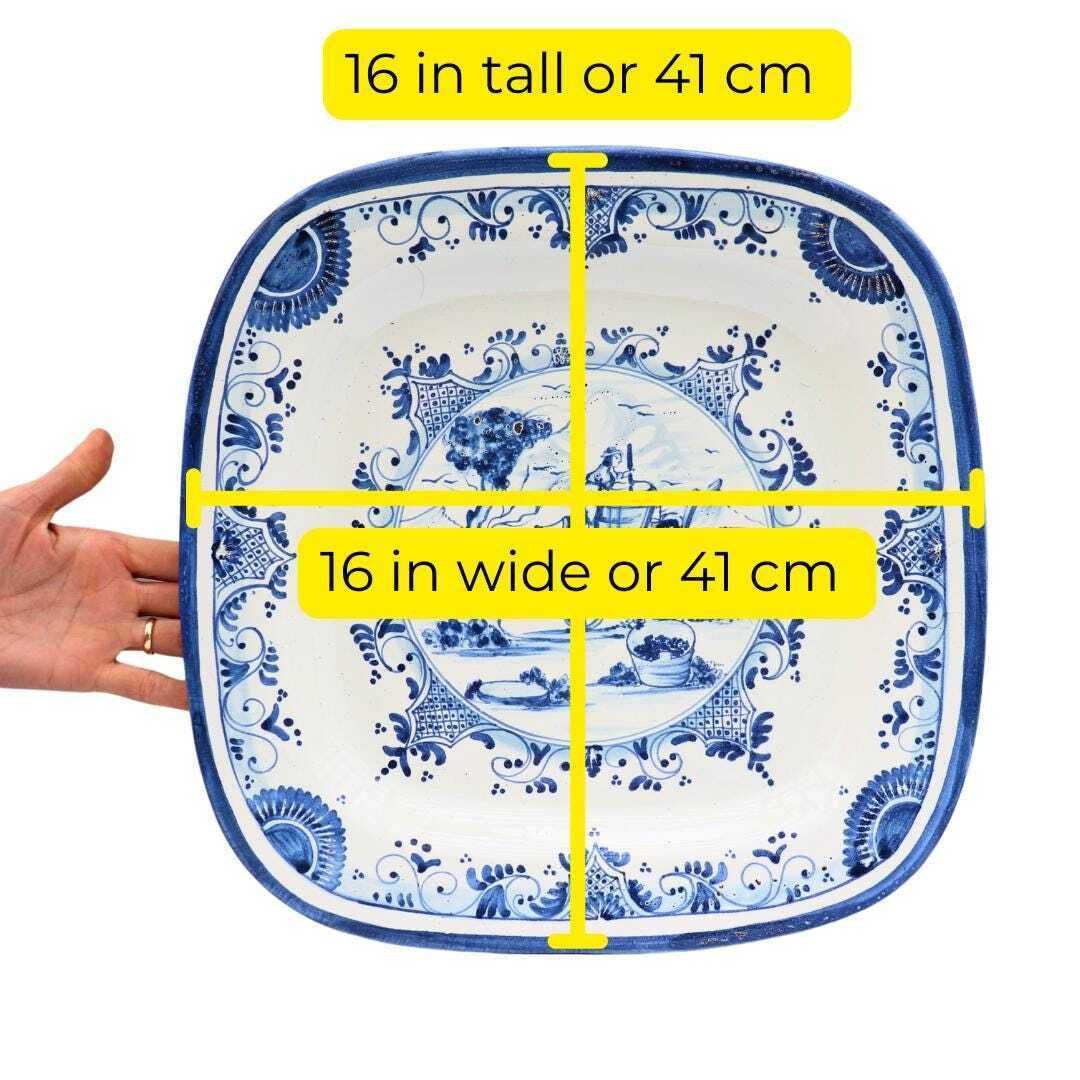 Large Delft Blue And White Hand Painted Wall Plater Charger 17th Century Style Farming Scene 16'' photo for sale