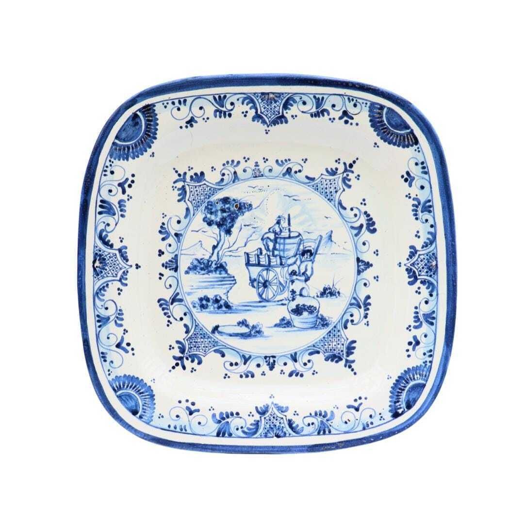 Large Delft Blue And White Hand Painted Wall Plater Charger 17th Century Style Farming Scene 16'' photo Art