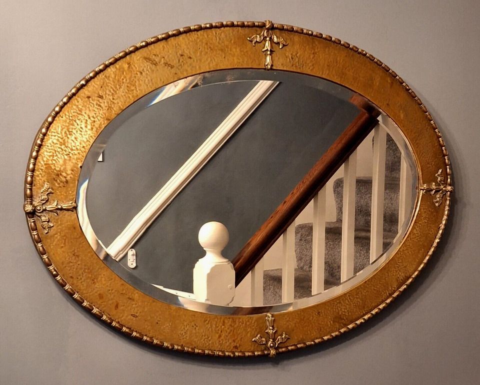 Stunning Rare Large Arts & Crafts Hammered Brass Oval Bevelled Edge Wall Mirror
