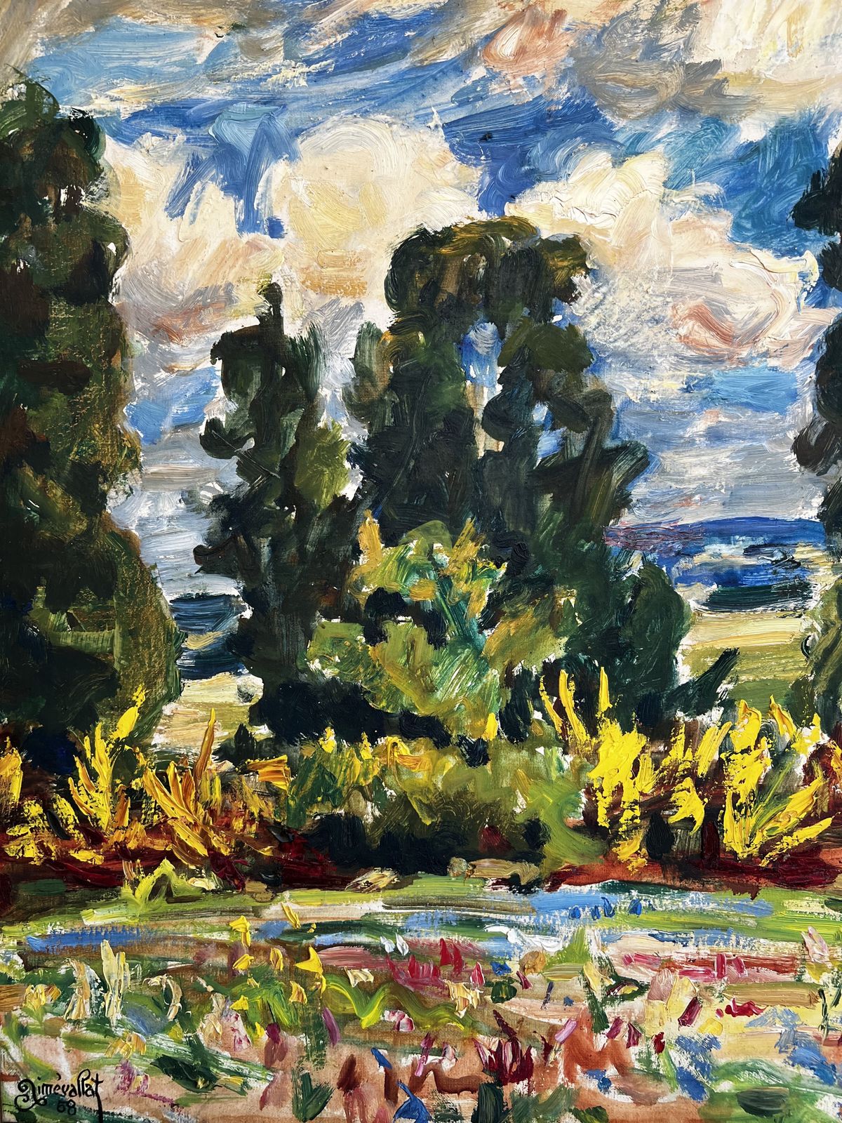 Country Landscape, Original Large French Oil On Canvas Painting photo vintage