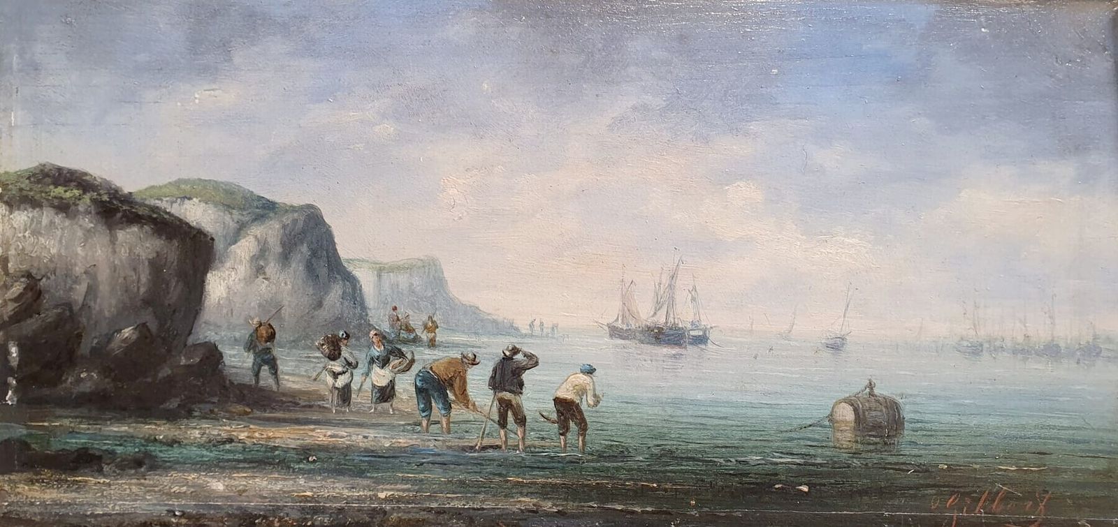 2 Oil Paintings On Panels Depicting Fishing Scenes Signed "Gilbert"   €1,500 Each Frame Size: 42 X 60 Cm photo for sale